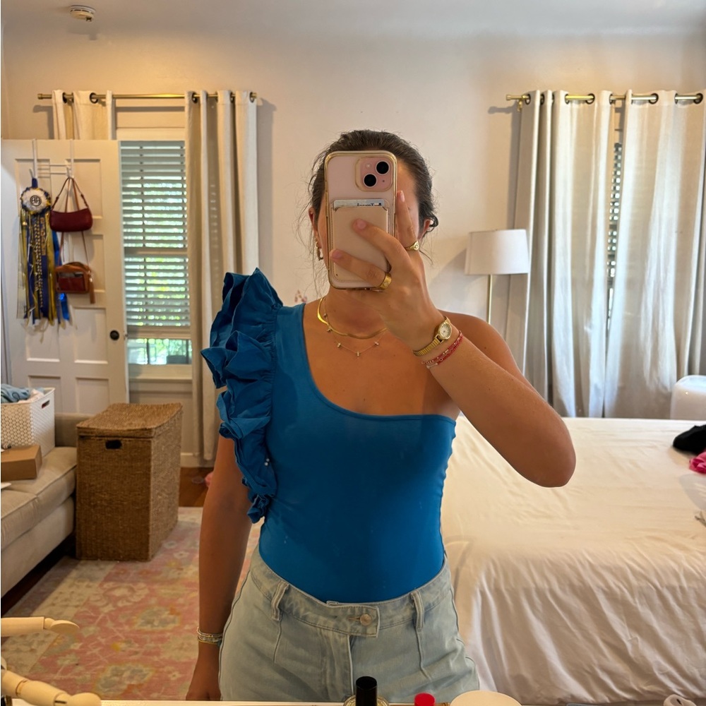 Zara One Shoulder Blue Ruffle Bodysuit - Picture 4 of 5